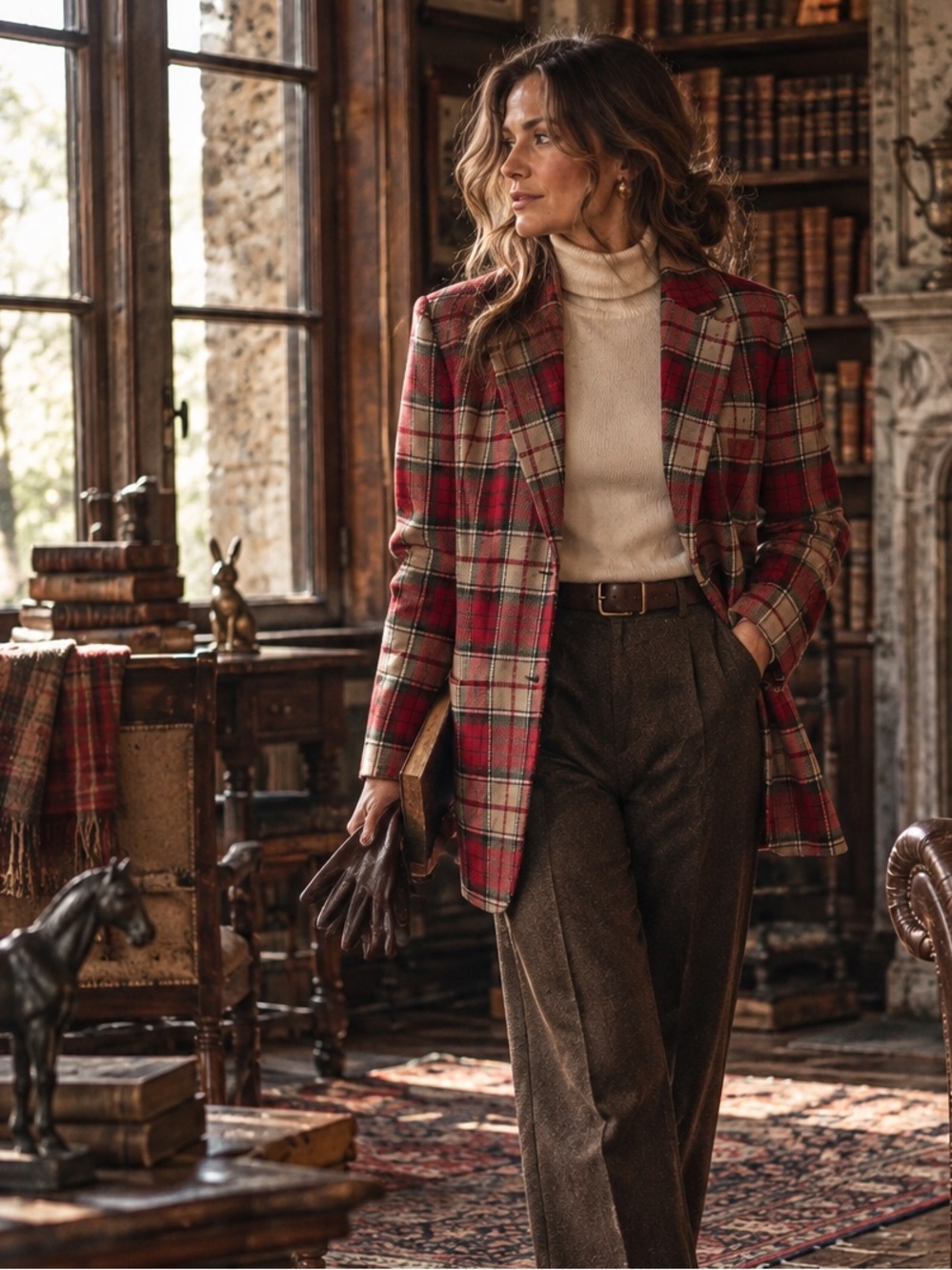 Vintage 1980s Red Plaid Wool Blazer Size 16 Longline English Country Equestrian